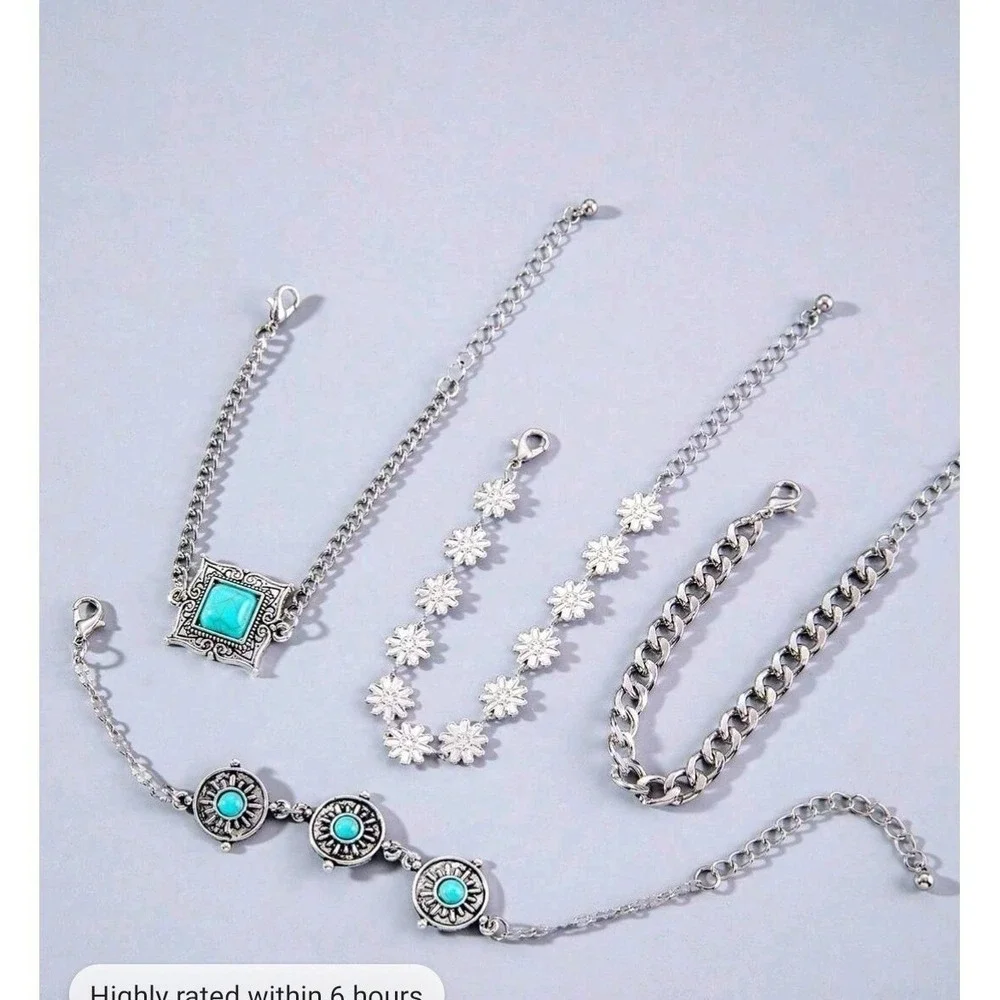 Vintagei Inspired  Boho Turquoise Bracelet Set  4Piece Silver Chain & Charm Pack